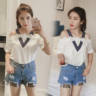 Floral Trim Cold Shoulder Short-sleeve Blouse