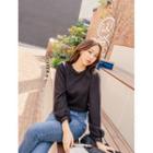 Lace-cuff Rib-knit Blouse