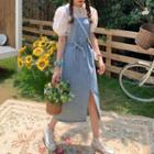 Flower Print Short-sleeve Blouse / Denim Midi Jumper Dress