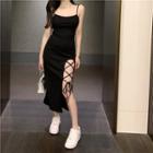Spaghetti Strap Lace-up Midi A-line Dress Black - One Size