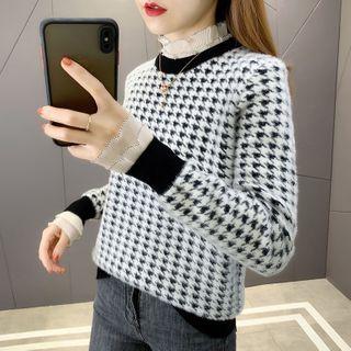 High-neck Ruffle Trim Panel Faux Furry Printed Sweater