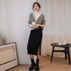 Set: Long-sleeve V-neck Striped Knit Top + High-waist Plain Split Skirt