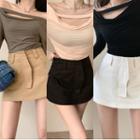 Long-sleeve Off-shoulder Plain Top / High-waist Mini Skirt