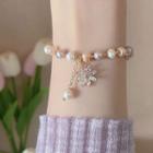 Flower Rhinestone Freshwater Pearl Bracelet 01 - Almond - One Size