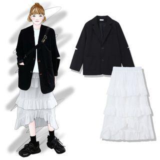 Cutout Blazer / Ruffled Midi A-line Skirt