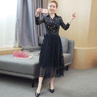 Set: Printed Long-sleeve A-line Midi Dress + Lace Midi Skirt