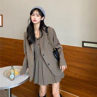 Plain Blazer / Spaghetti Strap Pleated Mini A-line Dress