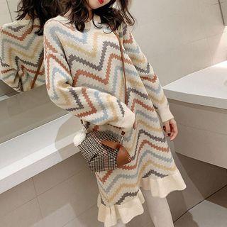 Chevron Stripe Ruffle-hem Sweater Dress White - One Size