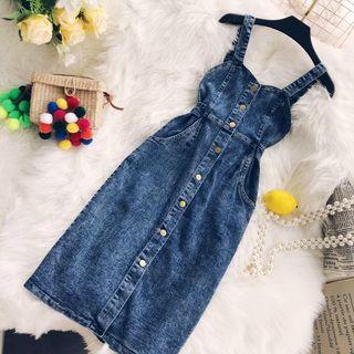 Wide-strap Single Breasted Denim Sheath Dress