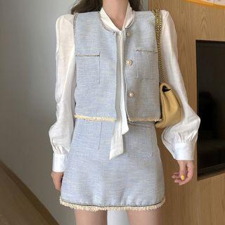 Set: Plain Long-sleeve Blouse / Vest / Skirt