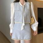 Set: Plain Long-sleeve Blouse / Vest / Skirt