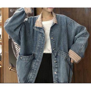 Checked Panel Oversize Denim Jacket