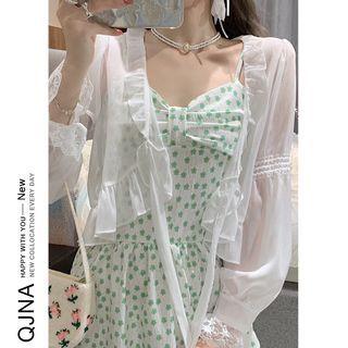 Spaghetti Strap Floral Print Midi A-line Dress / Lace Trim Light Jacket
