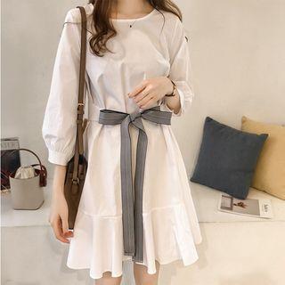 3/4-sleeve Striped Ribbon A-line Dress