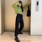 Long-sleeve Letter Embroidered Cropped T-shirt / Buckled Harem Pants / Set