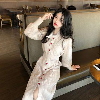 Tie-neck Single-breasted Long-sleeve Midi Knit Dress