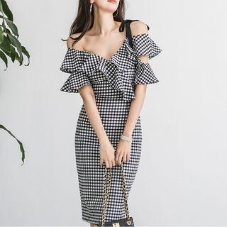Short-sleeve Ruffled Gingham Sheath Dress