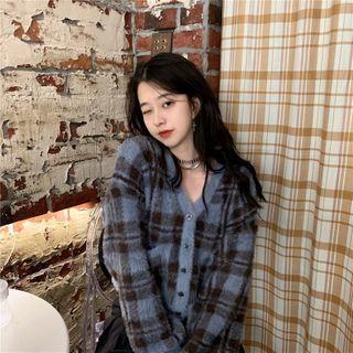 Plaid Cardigan Plaid - Black & Blue - One Size