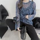 Long-sleeve Leopard Print Mesh Top Blue - One Size