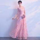 Elbow-sleeve Floral Applique A-line Cocktail Dress / Gown