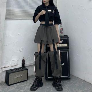 Short-sleeve Cropped Top / Removable Buckled Straight-cut Pants