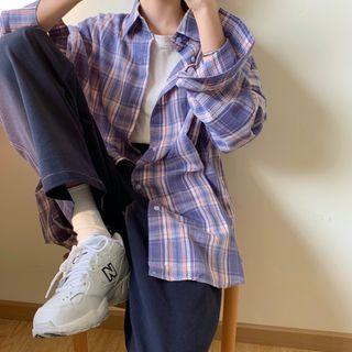 Plaid Loose-fit Long-sleeve Shirt Purple - One Size