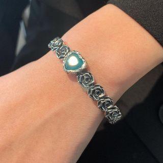Heart Flower Sterling Silver Open Bangle