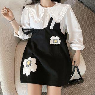 Plain Long-sleeve Loose-fit Blouse / Flower Printed Jumper Dress