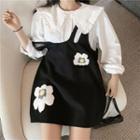 Plain Long-sleeve Loose-fit Blouse / Flower Printed Jumper Dress