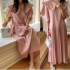 Elbow-sleeve Wide Collar Pleated Maxi Smock Dress