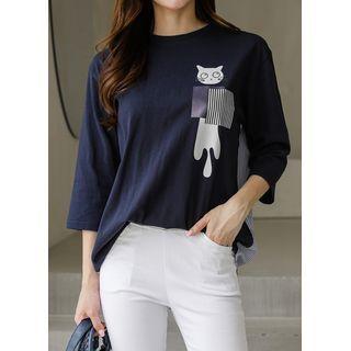 Cat-printed Stripe-panel Top