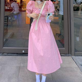 Puff-sleeve Bow Accent Cropped Shirt / Puff-sleeve Bow Accent Dress