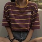Striped Embroidered Lettering Crop T-shirt