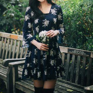 Bell-sleeve Floral Printed A-line Dress