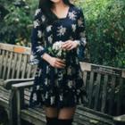 Bell-sleeve Floral Printed A-line Dress
