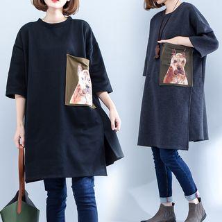 Elbow-sleeve Dog Print Oversized Sweatshirt