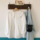 Plain Lace-trim Long-sleeve Blouse White - One Size