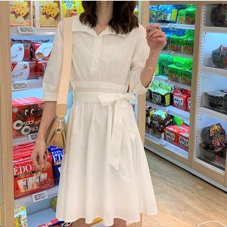 Tie-waist Short Sleeve Shirtdress White - One Size