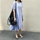 Color-block Loose-fit Short-sleeve Dress Black - One Size