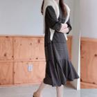 Puff-sleeve Ruffle-hem Midi Dotted Dress Black - One Size