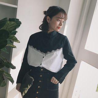 Lace Trim Color Block Stand Collar Long-sleeve Shirt