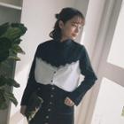 Lace Trim Color Block Stand Collar Long-sleeve Shirt