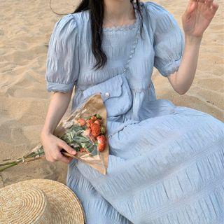 Set: Puff-sleeve Shirred A-line Dress + Crossbody Bag