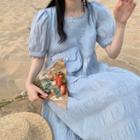 Set: Puff-sleeve Shirred A-line Dress + Crossbody Bag