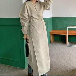 Puff-sleeve Midi A-line Dress Off-white - One Size