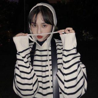 Striped Loose-fit Hooded Sweater As Figure - One Size