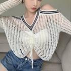 Long-sleeve V-neck Perforated Drawstring Top White - One Size