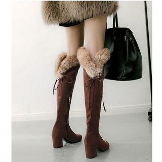 Fluffy Trim Faux Suede Block Heel Knee-high Boots