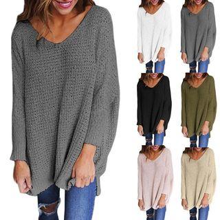 V-neck Crochet Knit Long Sweater
