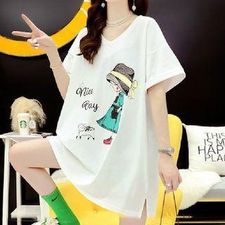 Elbow-sleeve V-neck Cartoon Print T-shirt